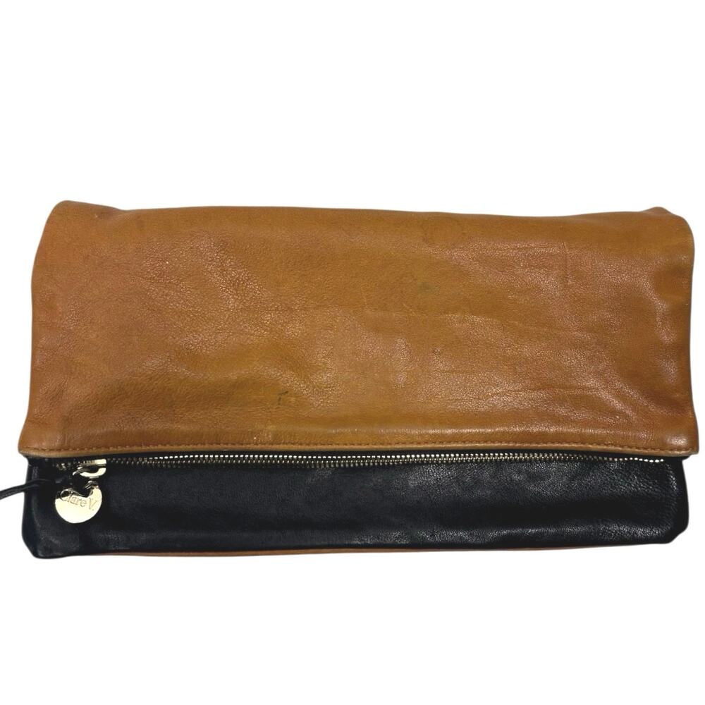 Clare V. Carryall Brown Leather Fold Over Wallet Clutch Purse Pouch Bag W/ Tabs
